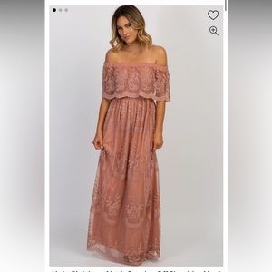 Light Pink Lace Mesh Overlay Off Shoulder Maxi M